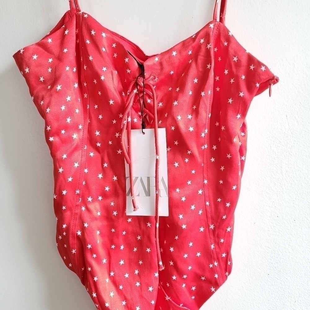 New Zara Satin Effect Stars Bodysuit Red NWT Size Medium - Picture 9 of 13